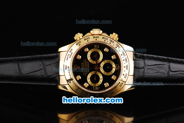 Rolex Daytona Oyster Perpetual Chronometer Automatic Gold Case with Black Dial and Diamond Hour Marker-Leather Strap - Click Image to Close